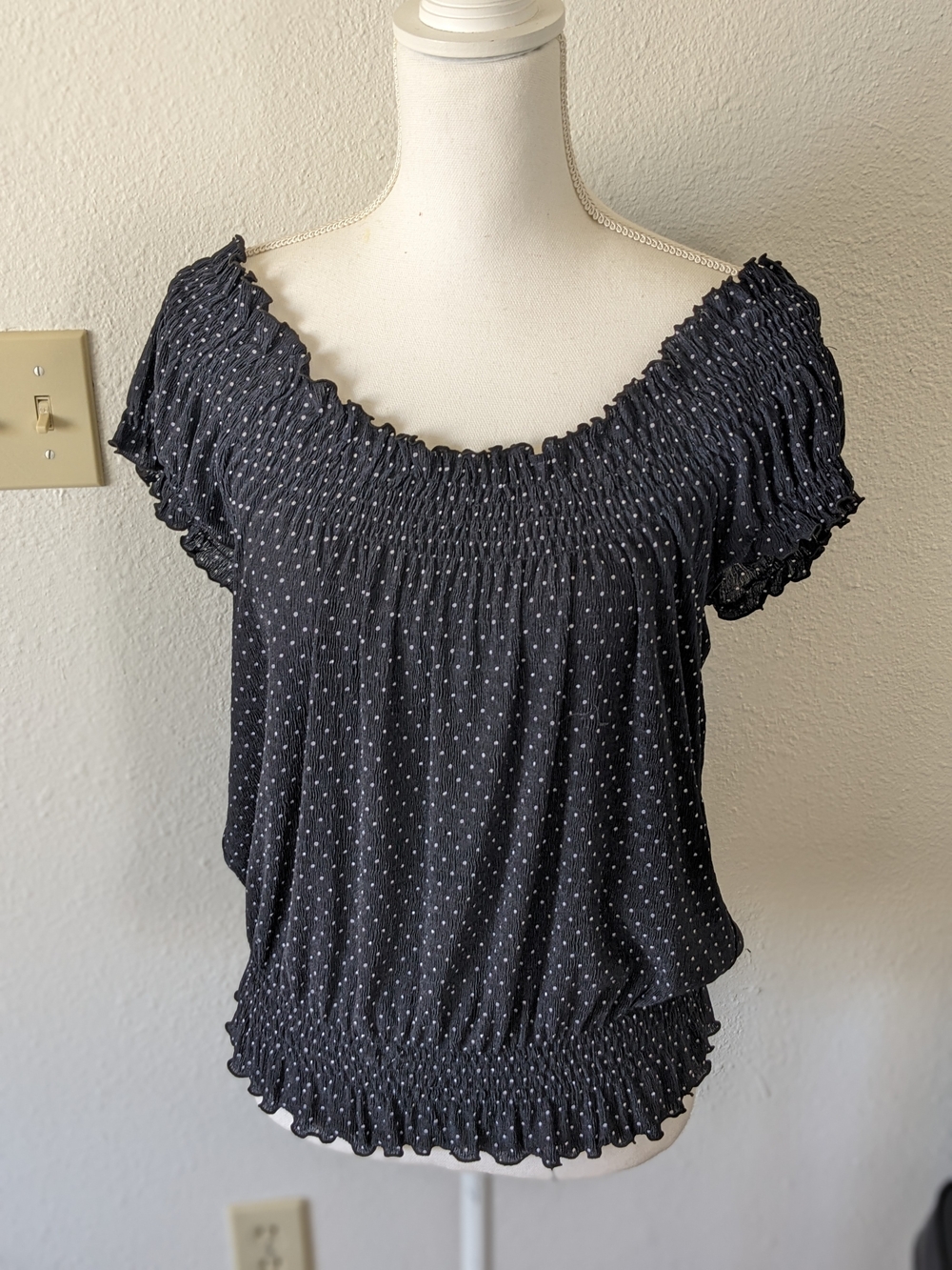 Vintage Slinky Black Off The Shoulder Smocked Polka Dot Top - Black